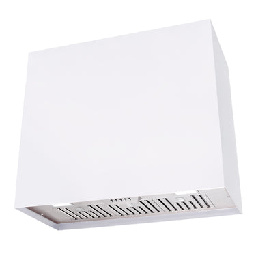 White range hood with silver exhaust on a white background