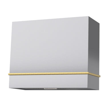 White rectangular box with a gold accent on a white background