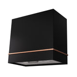 Black kitchen hood with copper trim on a white background