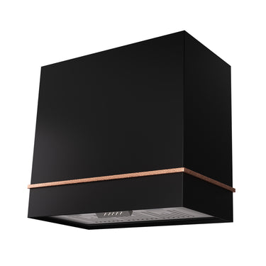 Black kitchen hood with copper trim on a white background