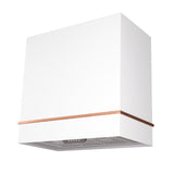 White range hood with a copper accent on a white background