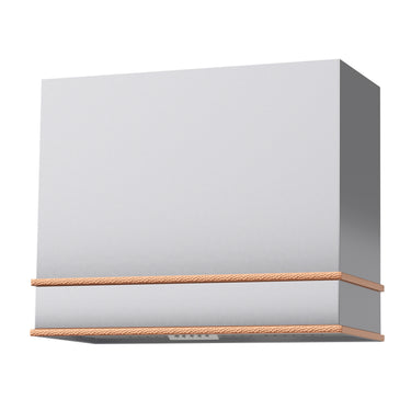 White wall-mounted cabinet with wooden trim on a white background