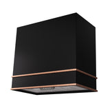 Black range hood with copper trim on a white background