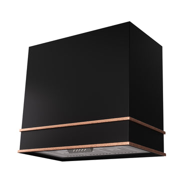 Black range hood with copper trim on a white background