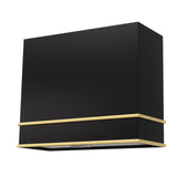 Black wall-mounted shelf with gold accents on a white background