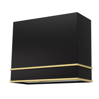 Black wall-mounted shelf with gold accents on a white background