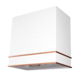 White kitchen hood with copper accents on a white background