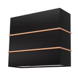Black wall-mounted shelf with copper accents on a white background