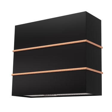 Black wall-mounted shelf with copper accents on a white background