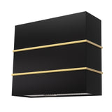 Black wall-mounted shelf with gold accents on a white background