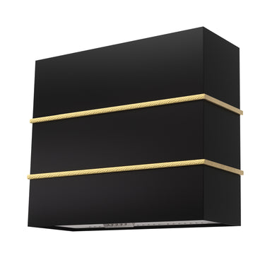Black wall-mounted shelf with gold accents on a white background