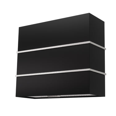 Black wall-mounted light fixture with silver accents on a white background