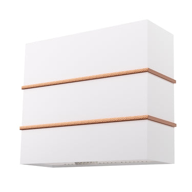 White wall light fixture with gold accents on a white background