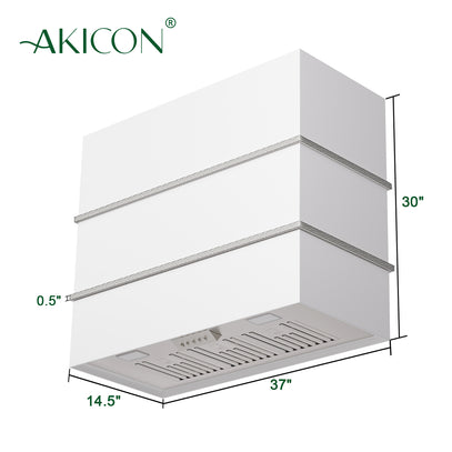 Akicon range hood with dimensions on a white background