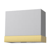 Square wall light fixture with white upper half and gold lower half on a white background