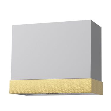 Square wall light fixture with white upper half and gold lower half on a white background