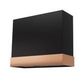 Black wall light fixture with a bronze base on a white background
