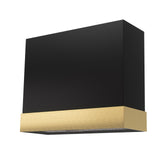 Black wall light fixture with gold accent on a white background