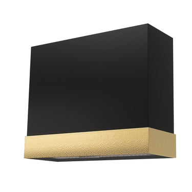 Black wall light fixture with gold accent on a white background