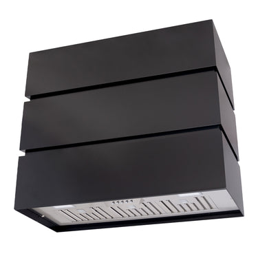 Black kitchen hood with silver vent on a white background