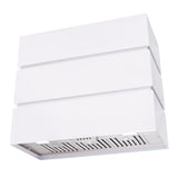 White range hood with a metallic finish on a white background