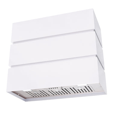 White range hood with a metallic finish on a white background