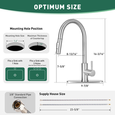 Kitchen faucet with dimensions and specifications on a white background