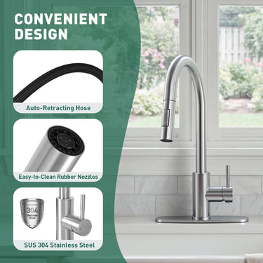 Stainless steel kitchen faucet with features highlighted on a green background