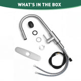 Kitchen faucet assembly with parts on a white background