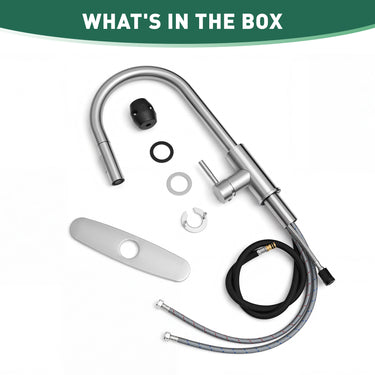 Kitchen faucet assembly with parts on a white background