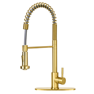 Gold kitchen faucet with a flexible hose on a white background