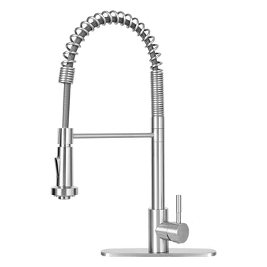 Stainless steel kitchen faucet on a white background