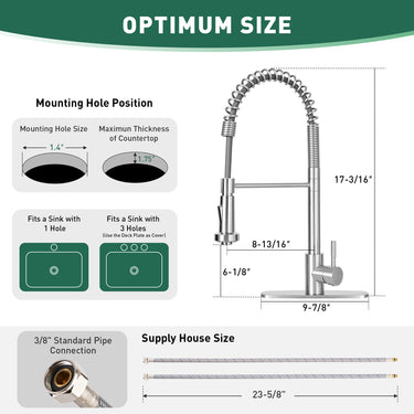 Kitchen faucet with dimensions and specifications on a white background