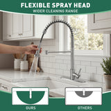 Kitchen faucet with flexible spray head in a kitchen setting, highlighting the wider cleaning range.
