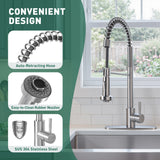 Kitchen faucet with auto-retracting hose, easy-to-clean rubber nozzles, and SUS 304 stainless steel features.