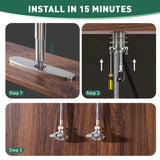 Step-by-step installation guide for a product on a wooden surface with text indicating quick installation.