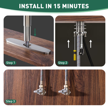 Step-by-step installation guide for a product on a wooden surface with text indicating quick installation.