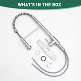 Kitchen faucet assembly with flexible hose and parts on a white background