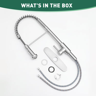 Kitchen faucet assembly with flexible hose and parts on a white background