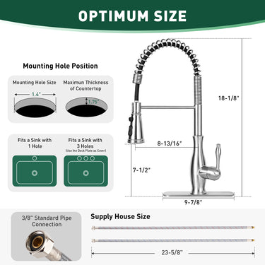 Kitchen faucet with measurement details on a white background