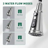 Shower head with three water flow modes labeled on a gray background