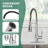Kitchen faucet with auto-retracting hose, easy-to-clean rubber nozzles, and SUS 304 stainless steel on a green background.