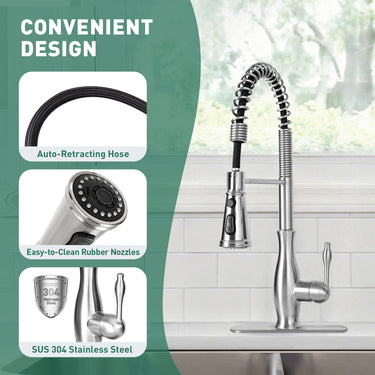 Kitchen faucet with auto-retracting hose, easy-to-clean rubber nozzles, and SUS 304 stainless steel on a green background.