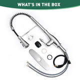 Kitchen faucet assembly with various parts on a white background