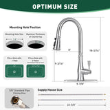 Kitchen faucet with dimensions and specifications on a white background