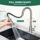 Pull down faucet with flexible hose being used over a kitchen sink.