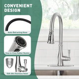 Kitchen faucet with auto-retracting hose, easy-to-clean rubber nozzles, and SUS 304 stainless steel features.