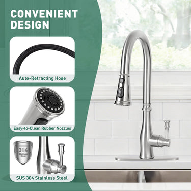 Kitchen faucet with auto-retracting hose, easy-to-clean rubber nozzles, and SUS 304 stainless steel features.