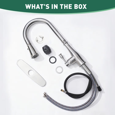 Kitchen faucet assembly with parts on a white background