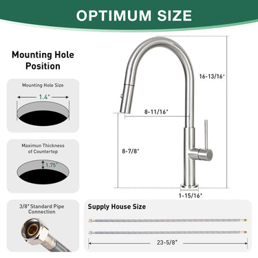 Measurement chart for a kitchen faucet with dimensions and specifications.